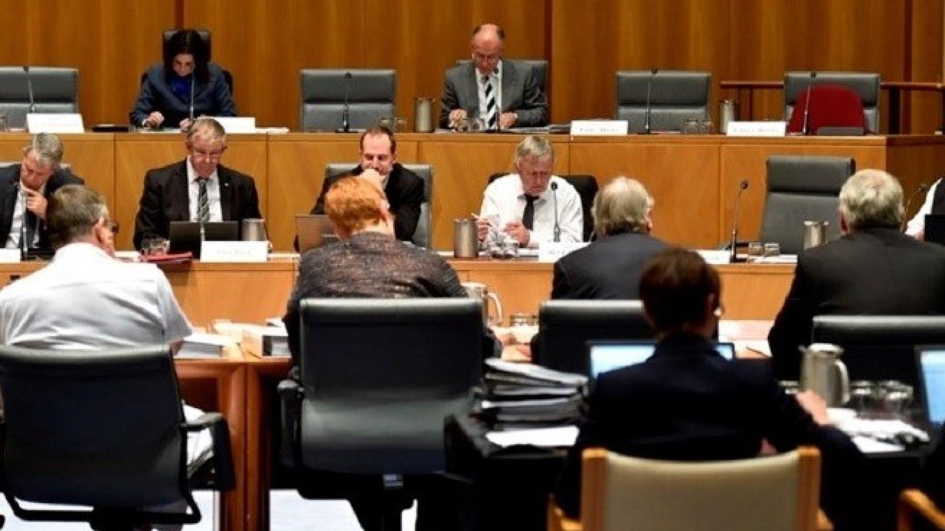 APS officials sitting at the witness table before a Senate Legislation Committee at an Estimates hearing. Supporting officers are sat in the audience behind officials. Senators are sat opposite the officials, asking questions of officials.