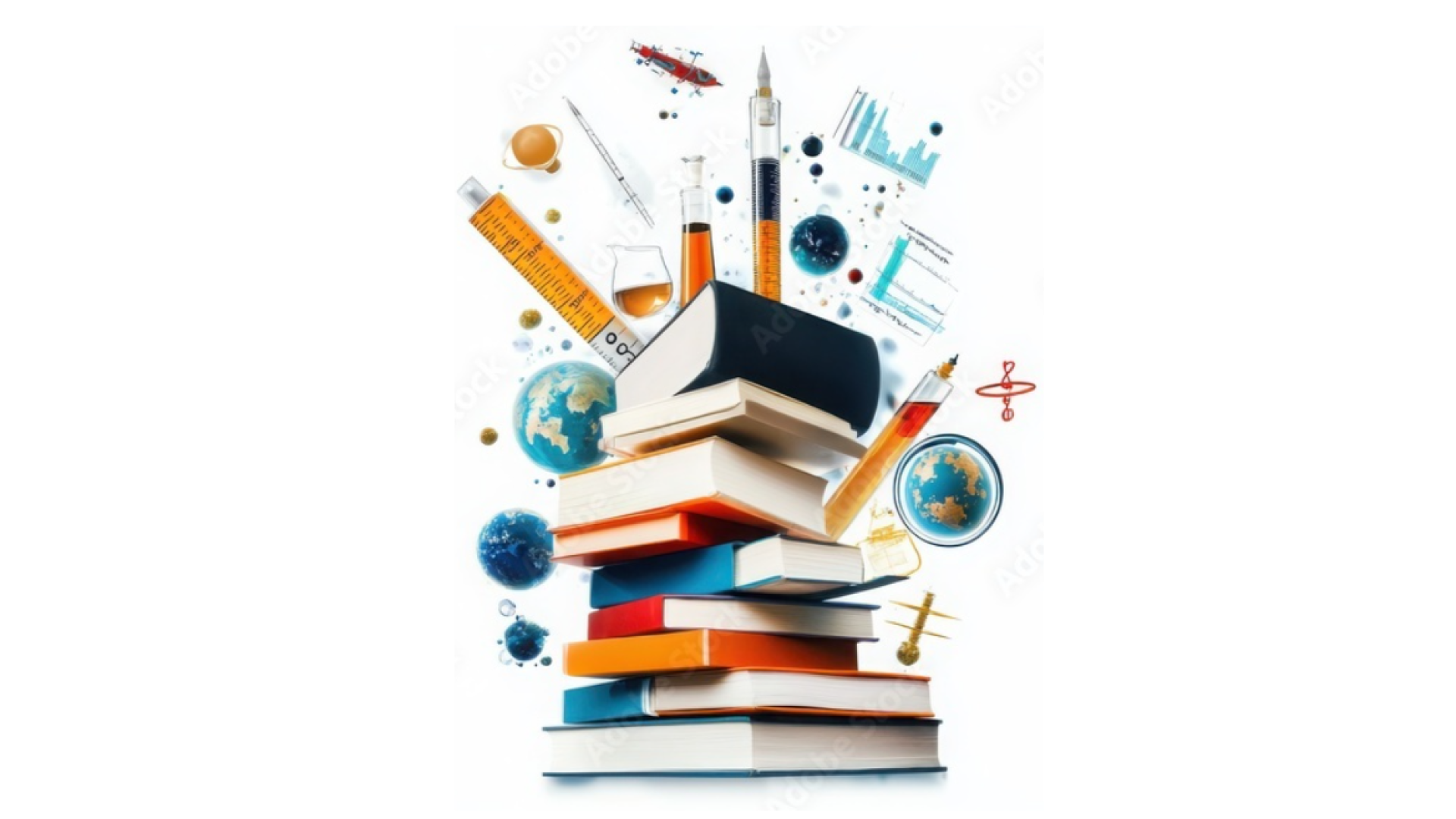 An AI generated illustrative image that features a stack of books with images of the world, syringes, pipettes, graphs and other scientific shapes surrounding the books.
