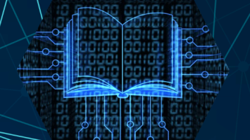 An illustrative image of a book with computer digital tracks leading to it.