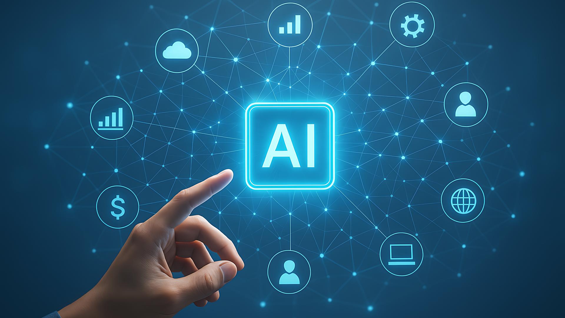 Digital ai hub with connected business icons for analytics finance settings cloud user network computer and globe showcasing intelligent technology integration on dark blue background