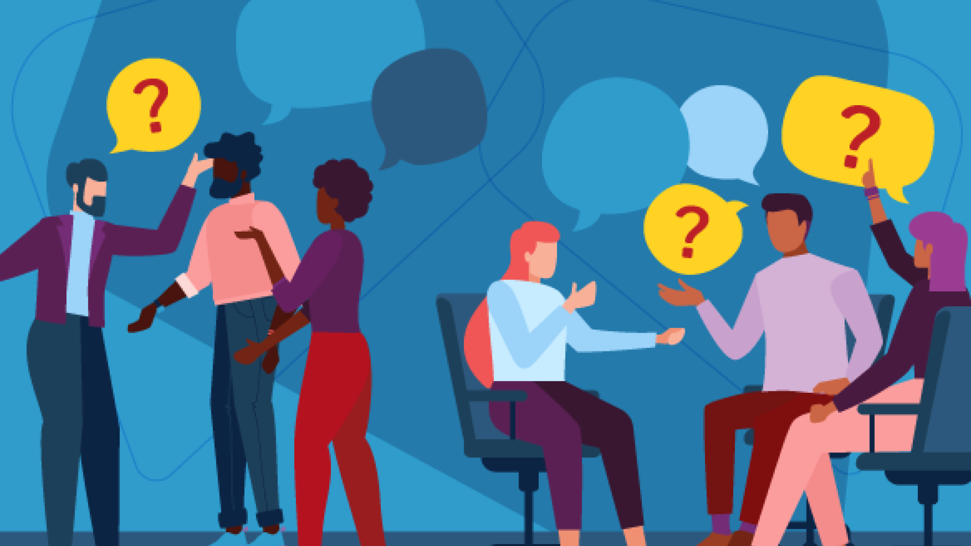 An illustration of 6 people figures questioning each other. 
