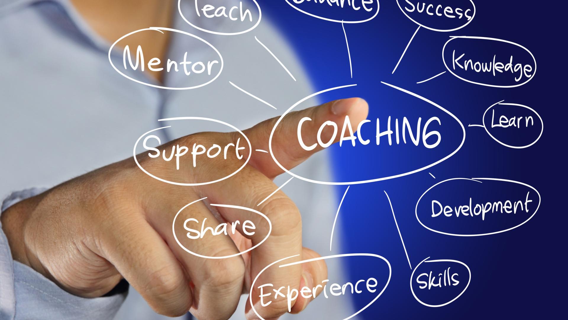 An illustration of a person with a finger pressing a screen with wording in circles that describe Coaching benefits.