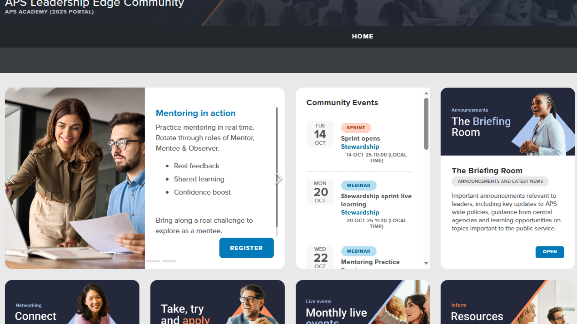 Screenshot of APS Leadership Edge 2025 platform. Shows the activities currently on offer, such as The Briefing Room for announcements, Take Try and Apply for quick wins and solutions, and the Resource library. 