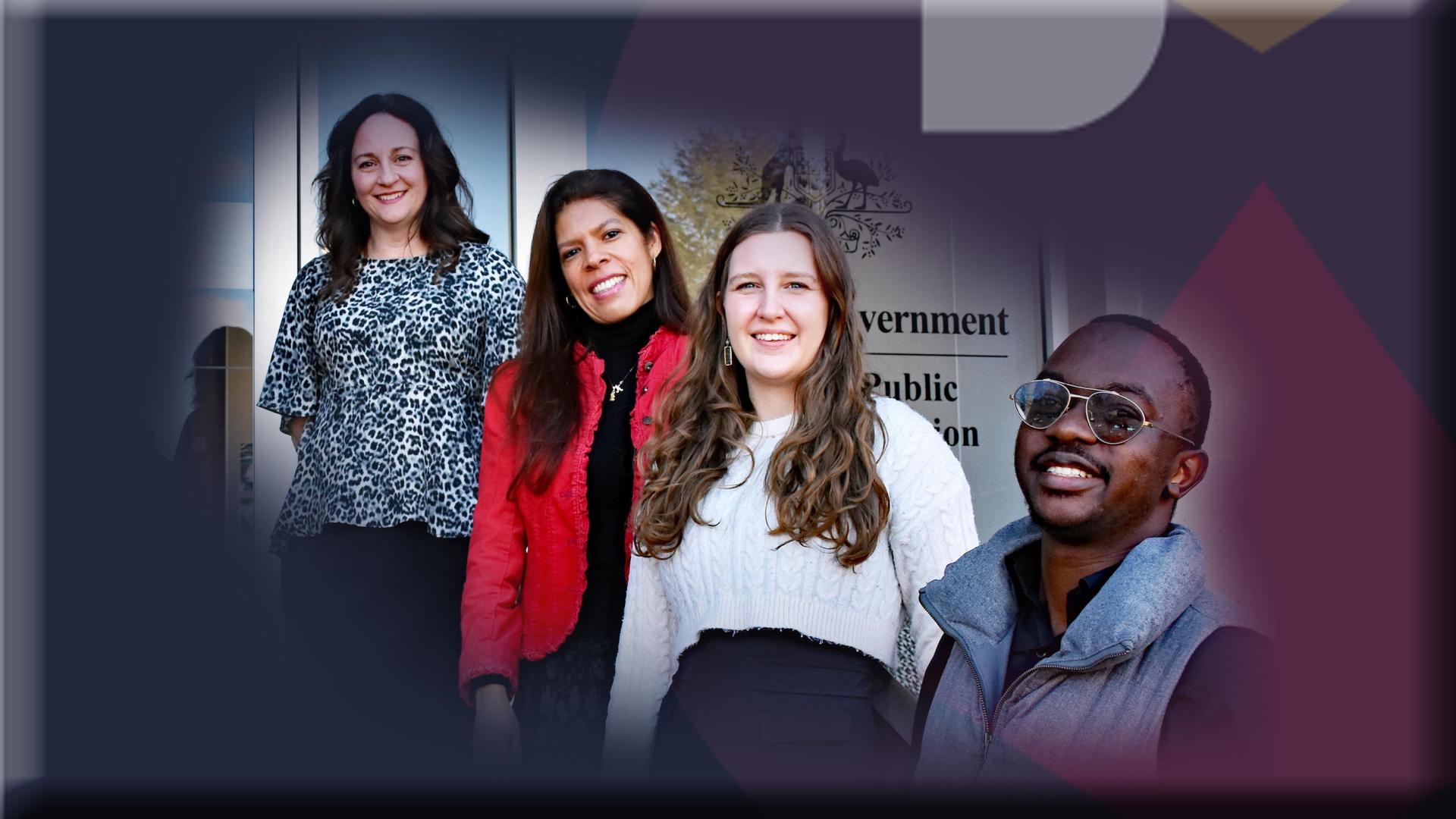 APSC colleagues posing and smiling in front of office building