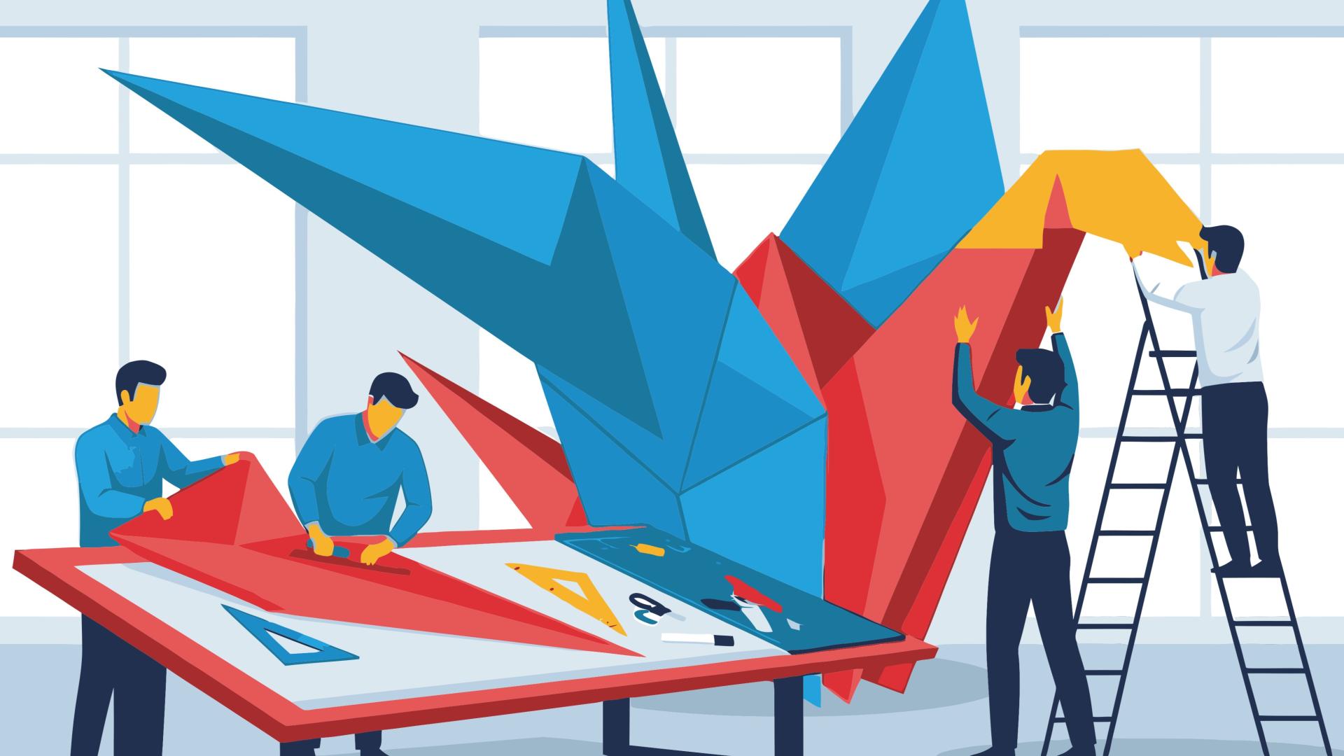 A collaborative team of people working together to construct a large, colourful, abstract origami sculpture.