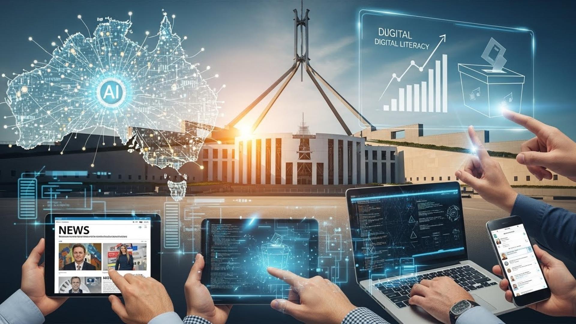 An illustrative image of digital devices and Australian Parliament