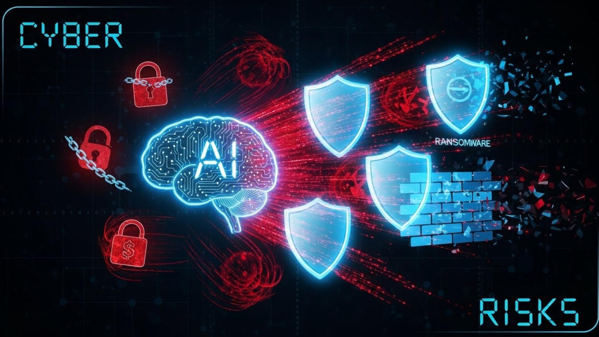 An illustrative image of the words ‘cyber risks’ and icons of opaque shields, padlocks and a brain with the wording ‘AI’ inside it.