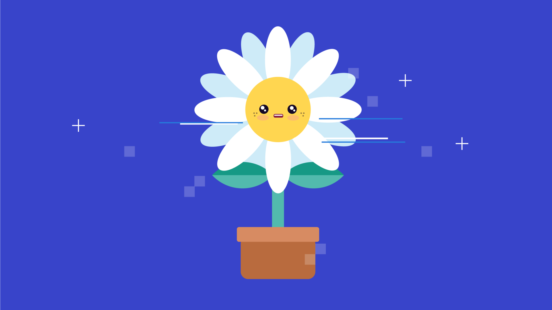 Bright blue background with white cartoon daisy in a pot plant.