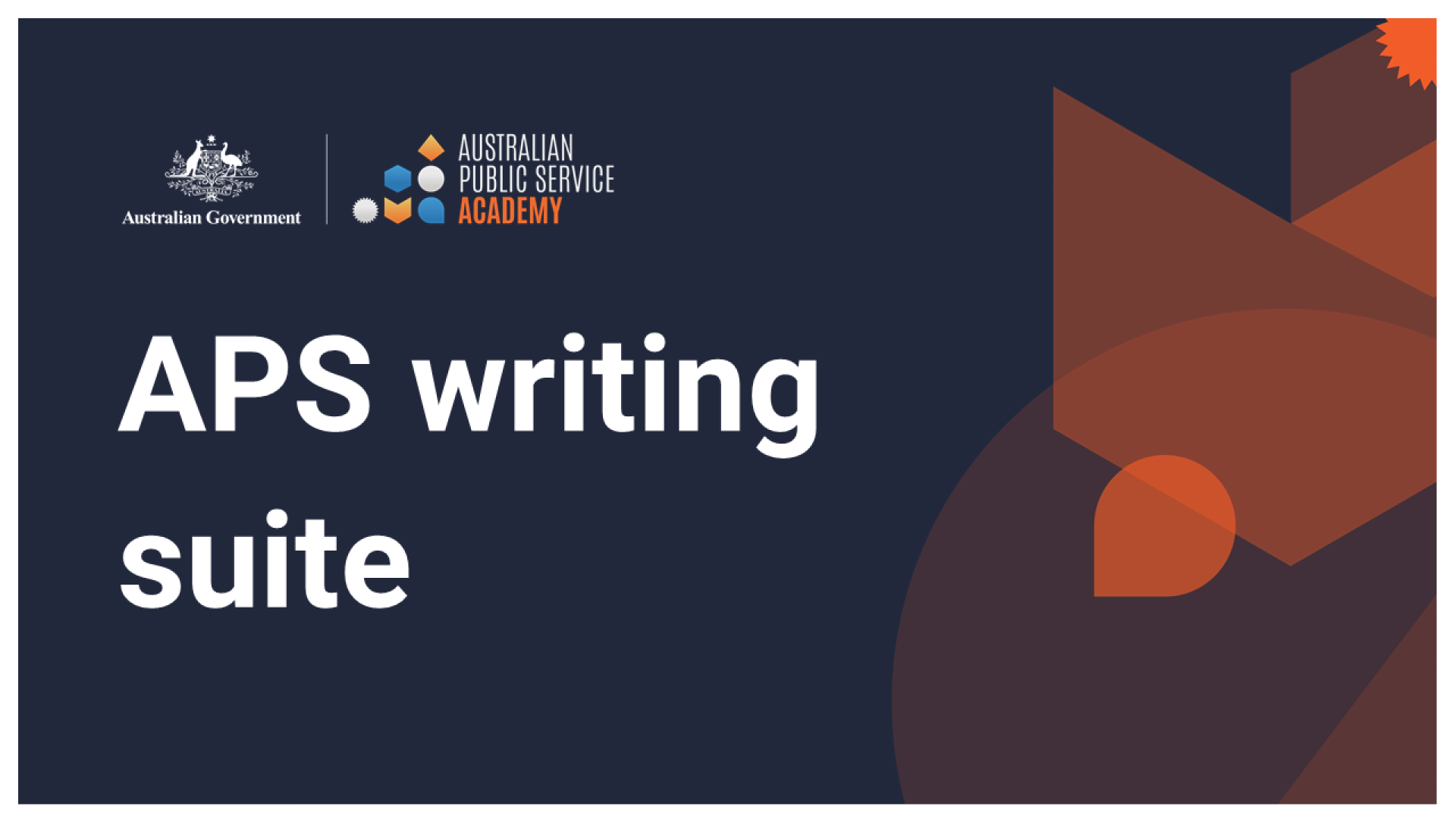 Text saying, APS writing suite on dark navy-blue background with APS Academy logo in top-left hand corner
