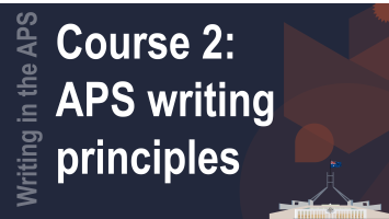 Dark navy blue background with APS Academy header and text, Writing in the APS Course 2: APS writing principles