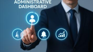 An image of a man in a suit touching a button that depicts a figurative head.  