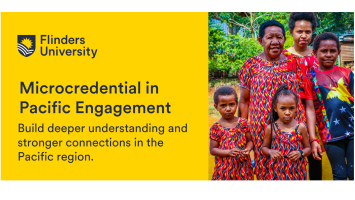PNG family photo with text Microcredential in Pacific Engagement. Build deeper understanding and stronger connections in the Pacific region.
