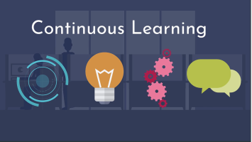 Image titled “Continuous Learning” showing an office setting with icons of a lightbulb, gears, digital interface, and speech bubble representing ideas, skills development, technology and communication.