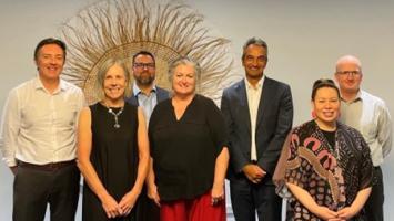 A group photo of NIAA’s independent Indigenous Evaluation Committee members Dr Fiona Cram, Tony Kiessler, Professor Michelle Dickson and Jason Ardler (Chair of the Committee) alongside senior officials from NIAA (Dr Simon Gordon and Nattlie Smith) and Treasury (Dr Shane Johnson, Head of the APS Evaluation Profession). 