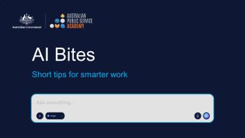 Dark navy blue background with APS Academy logo. Text, AI Bites, Short tips for smarter work.