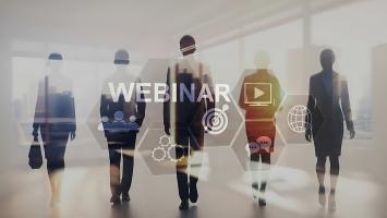 Webinar concept with business people silhouettes and digital interface icons for online training, virtual meeting and communication featuring e-learning, web conference, video conference