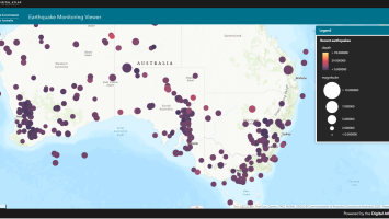 Visual of an earthquake monitoring viewer showing various sized and coloured dots on a map of Australia indicating earthquake depth and magnitude.