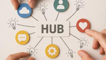 This concept illustrates collaboration and connection within a network emphasizing innovation and communication as a central hub for team interaction and idea exchange