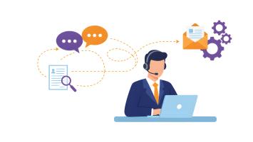 An illustration depicts a person working at a call center, interacting with different forms of communication 