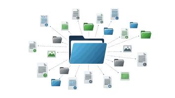 A blue folder icon surrounded by various smaller file icons on a white background, representing digital organization and data management in a business context with a clean and modern style