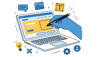 Modern web design interface development and digital content creation concept with stylus hand working on laptop screen vector illustration