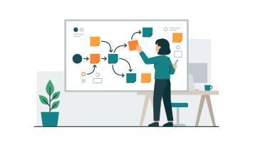 Woman creating a flowchart on a whiteboard.