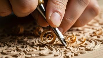 An image of a close up of artisan hands carving intricate patterns into wood.