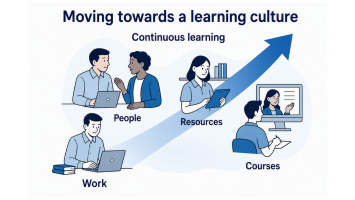 Cartoon images of people at work and in discussion.