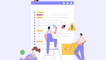 Software testing illustration. Coders working with code testing and debugging, searching bugs. Concept of software testing, bug report, quality assurance, fixing program code.