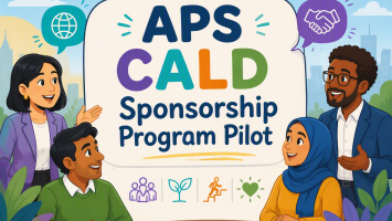 An image of a 4 cartoon type figures around a banner that says, ‘APS CALD Sponsorship Program Pilot’.