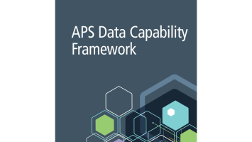APS Data Capability Framework cover graphic featuring the title in white text on a dark blue background with interconnected hexagonal shapes in blue, green and white.