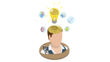 Conceptual illustration of knowledge, learning and innovation. A person is shown with an open head revealing a brain, while a glowing lightbulb containing a brain appears above. Surrounding icons include gears, a target, a thumbs-up, an upward trend line and a coin, representing ideas, problem-solving, achievement, growth and value creation.