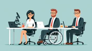 Corporate Office Team Work Concept Flat Illustration with Disabled Businessman in Wheelchair Working alongside Colleagues