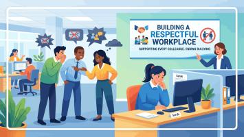 Workplace harassment and bullying illustration with office employees in a corporate setting