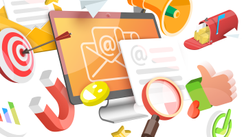 Illustration featuring digital communication and marketing concepts. A computer monitor displaying an email symbol is surrounded by icons including a megaphone, mailbox, target, magnifying glass, paper planes, thumbs-up symbol, check mark, magnet and documents, representing email communication, audience engagement, promotion and information sharing.