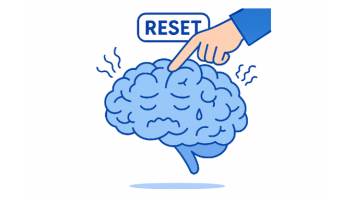 Illustration of a large brain with a finger pressing a button labelled “RESET”. The brain is shown with wavy lines around it, symbolising mental overload, while the reset button represents pausing, resetting, renewing focus or taking a fresh approach.