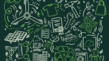 Green and white sustainability illustrations on a dark background, featuring renewable energy, recycling, solar power and environmental technology