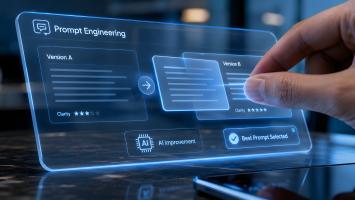 A futuristic digital interface labeled “Prompt Engineering” shows two prompt versions being compared. A hand selects an improved prompt, with indicators for clarity ratings, AI improvement, and “Best Prompt Selected.”