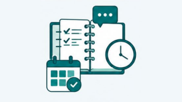 Illustrated icon showing a planner or notebook with checklist items, a calendar, a clock, and a speech bubble, representing task management, scheduling, communication, and productivity.